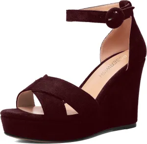 ROSERWISH Womens Buckle Fashion Round Toe Ankle Strap Platform Evening Suede Sexy Wedge High Heel Sandals 4 Inch