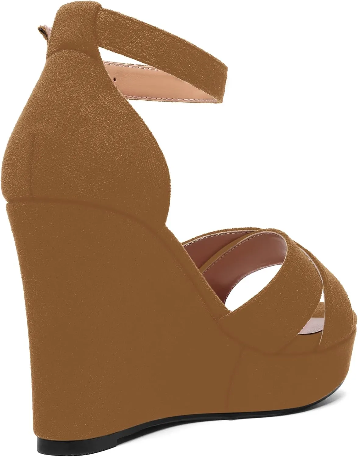ROSERWISH Womens Buckle Fashion Round Toe Ankle Strap Platform Evening Suede Sexy Wedge High Heel Sandals 4 Inch
