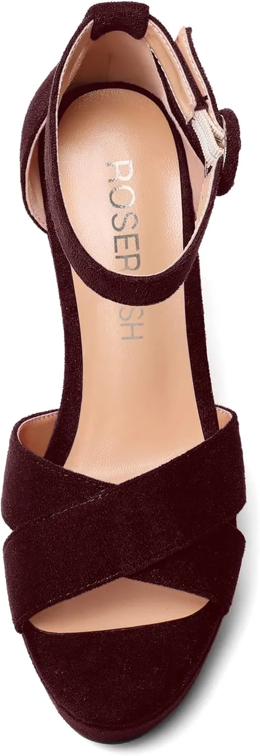ROSERWISH Womens Buckle Fashion Round Toe Ankle Strap Platform Evening Suede Sexy Wedge High Heel Sandals 4 Inch