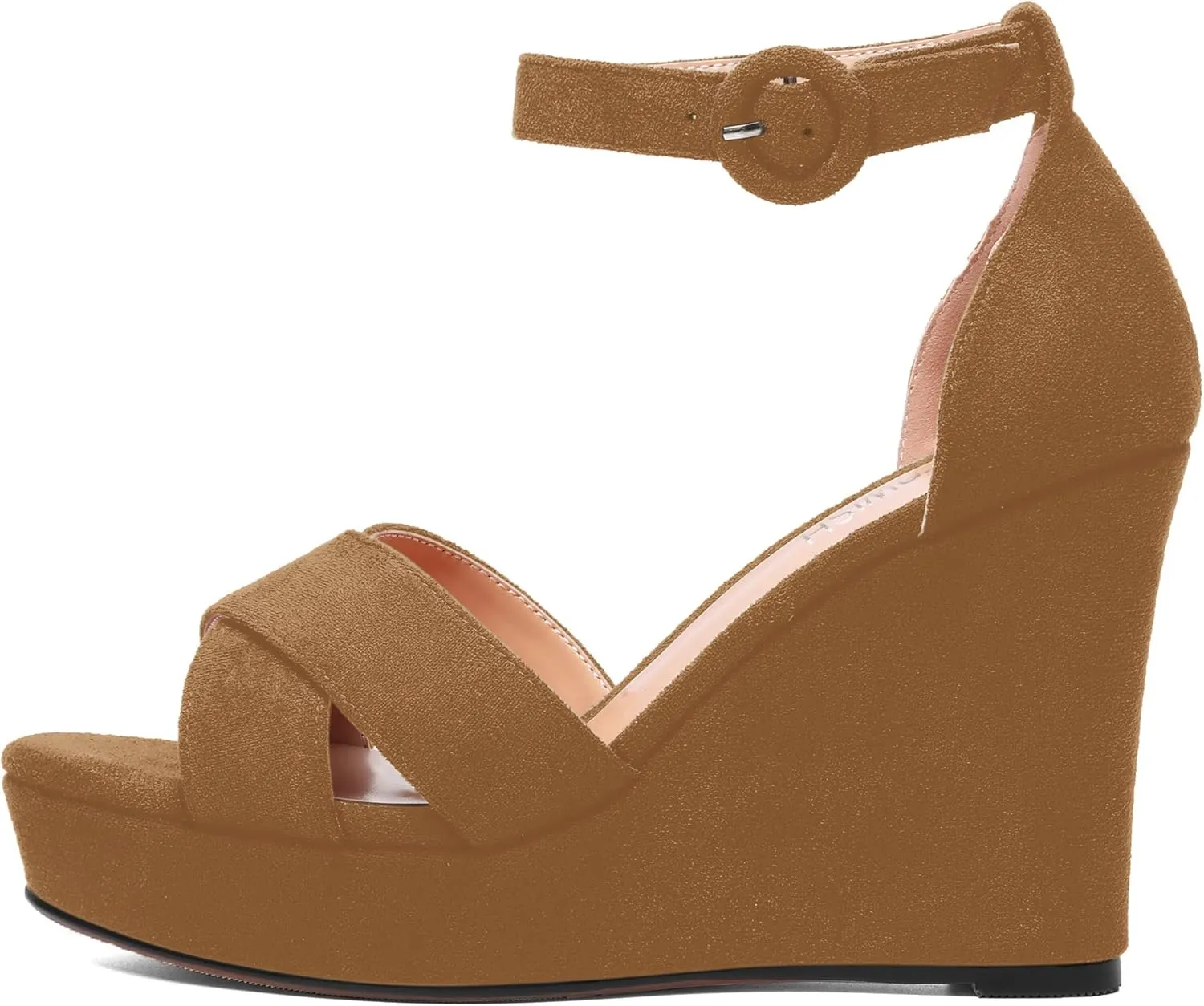 ROSERWISH Womens Buckle Fashion Round Toe Ankle Strap Platform Evening Suede Sexy Wedge High Heel Sandals 4 Inch