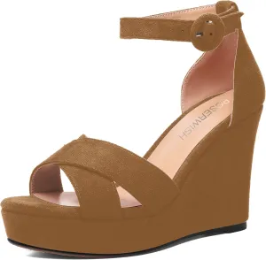 ROSERWISH Womens Buckle Fashion Round Toe Ankle Strap Platform Evening Suede Sexy Wedge High Heel Sandals 4 Inch