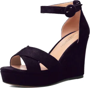 ROSERWISH Womens Buckle Fashion Round Toe Ankle Strap Platform Evening Suede Sexy Wedge High Heel Sandals 4 Inch