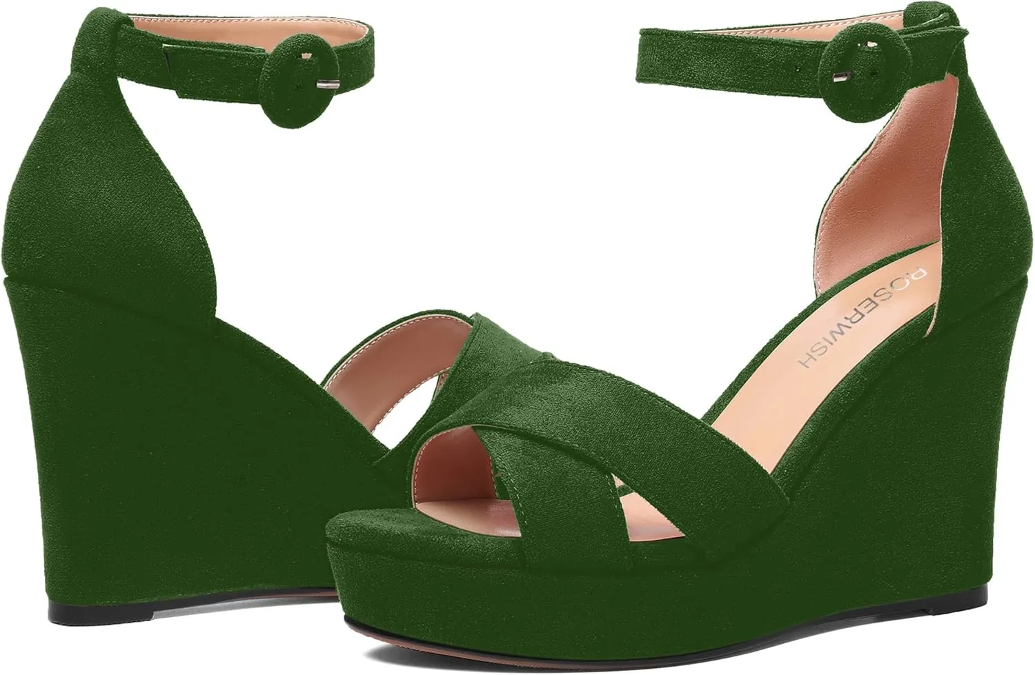 ROSERWISH Womens Buckle Fashion Round Toe Ankle Strap Platform Evening Suede Sexy Wedge High Heel Sandals 4 Inch