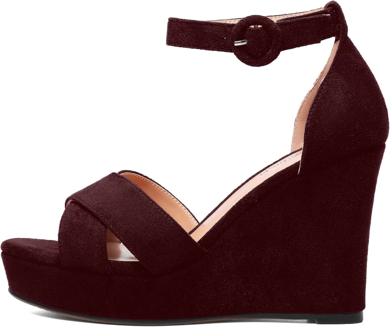 ROSERWISH Womens Buckle Fashion Round Toe Ankle Strap Platform Evening Suede Sexy Wedge High Heel Sandals 4 Inch