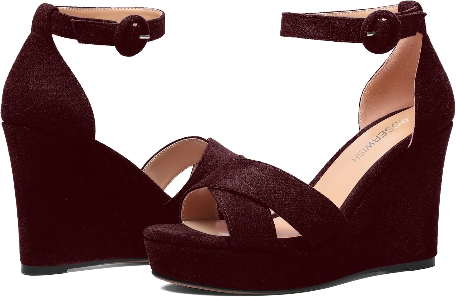 ROSERWISH Womens Buckle Fashion Round Toe Ankle Strap Platform Evening Suede Sexy Wedge High Heel Sandals 4 Inch