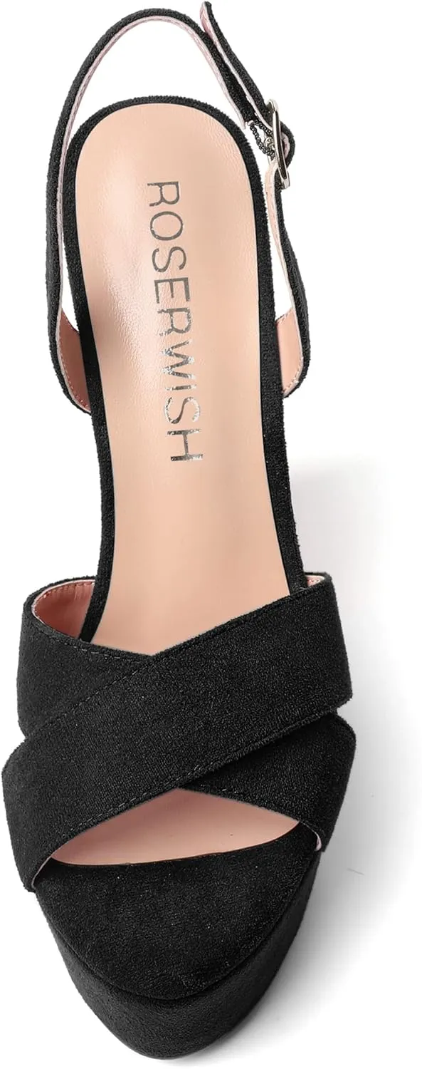 ROSERWISH Womens Round Toe Dressy Suede Buckle Platform Sexy Party Slingback Wedge High Heel Heeled Sandals 6 Inch