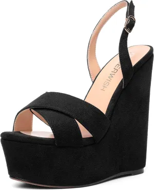 ROSERWISH Womens Round Toe Dressy Suede Buckle Platform Sexy Party Slingback Wedge High Heel Heeled Sandals 6 Inch