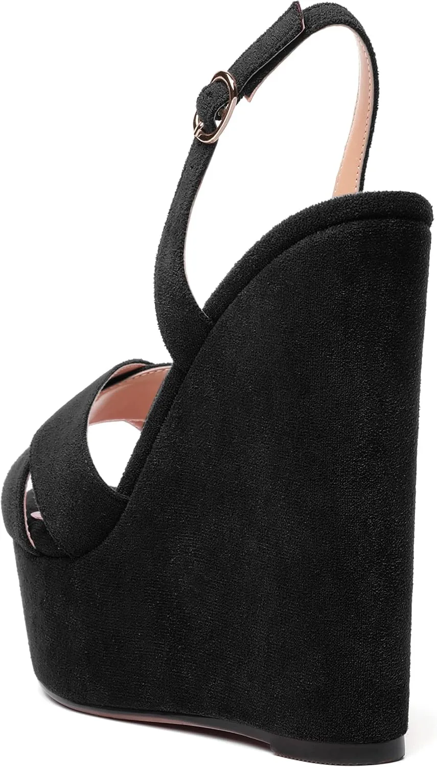 ROSERWISH Womens Round Toe Dressy Suede Buckle Platform Sexy Party Slingback Wedge High Heel Heeled Sandals 6 Inch