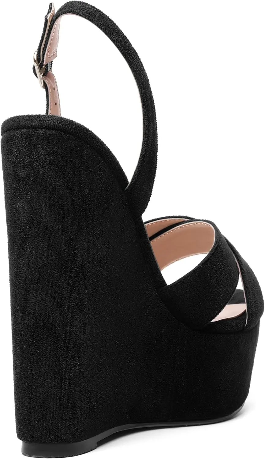 ROSERWISH Womens Round Toe Dressy Suede Buckle Platform Sexy Party Slingback Wedge High Heel Heeled Sandals 6 Inch