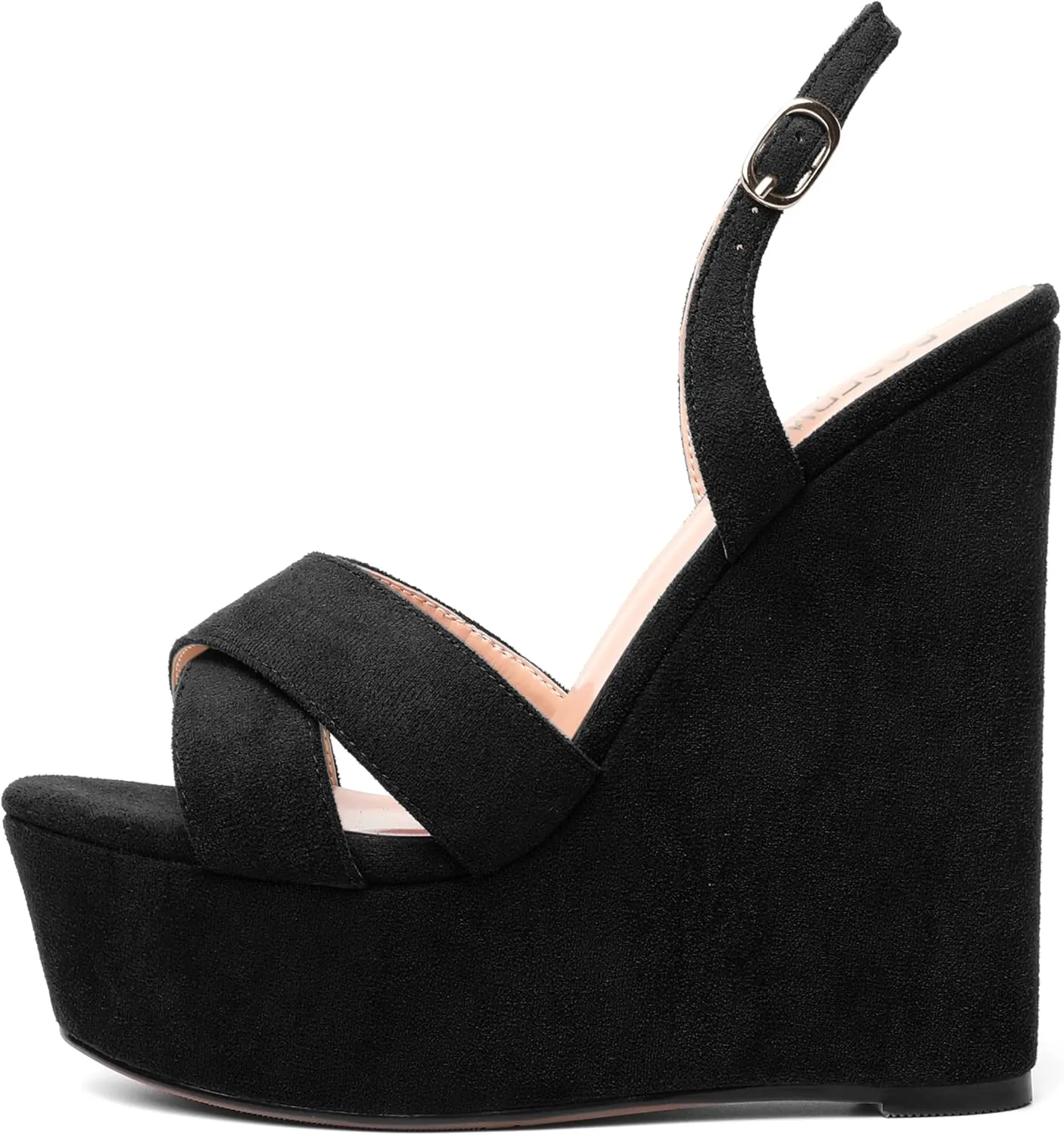 ROSERWISH Womens Round Toe Dressy Suede Buckle Platform Sexy Party Slingback Wedge High Heel Heeled Sandals 6 Inch