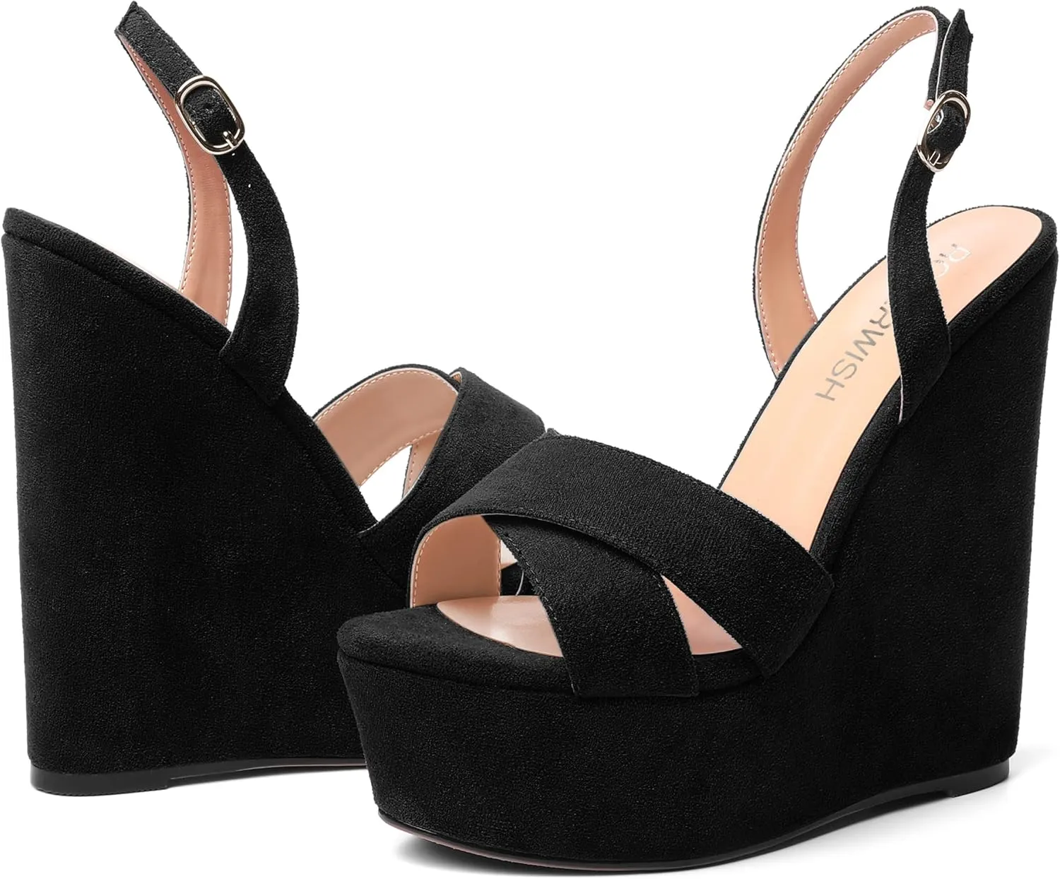 ROSERWISH Womens Round Toe Dressy Suede Buckle Platform Sexy Party Slingback Wedge High Heel Heeled Sandals 6 Inch