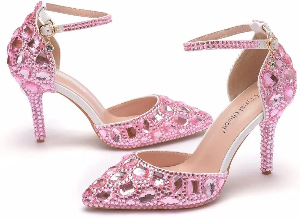 Royal Blue Rhinestone Sandals Thin High Heels Pointed Toe Sandals Blue Crystal Heels Shoes Fashion High Heel Shoes