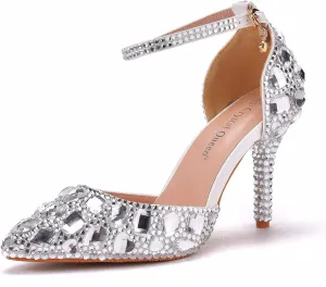 Royal Blue Rhinestone Sandals Thin High Heels Pointed Toe Sandals Blue Crystal Heels Shoes Fashion High Heel Shoes