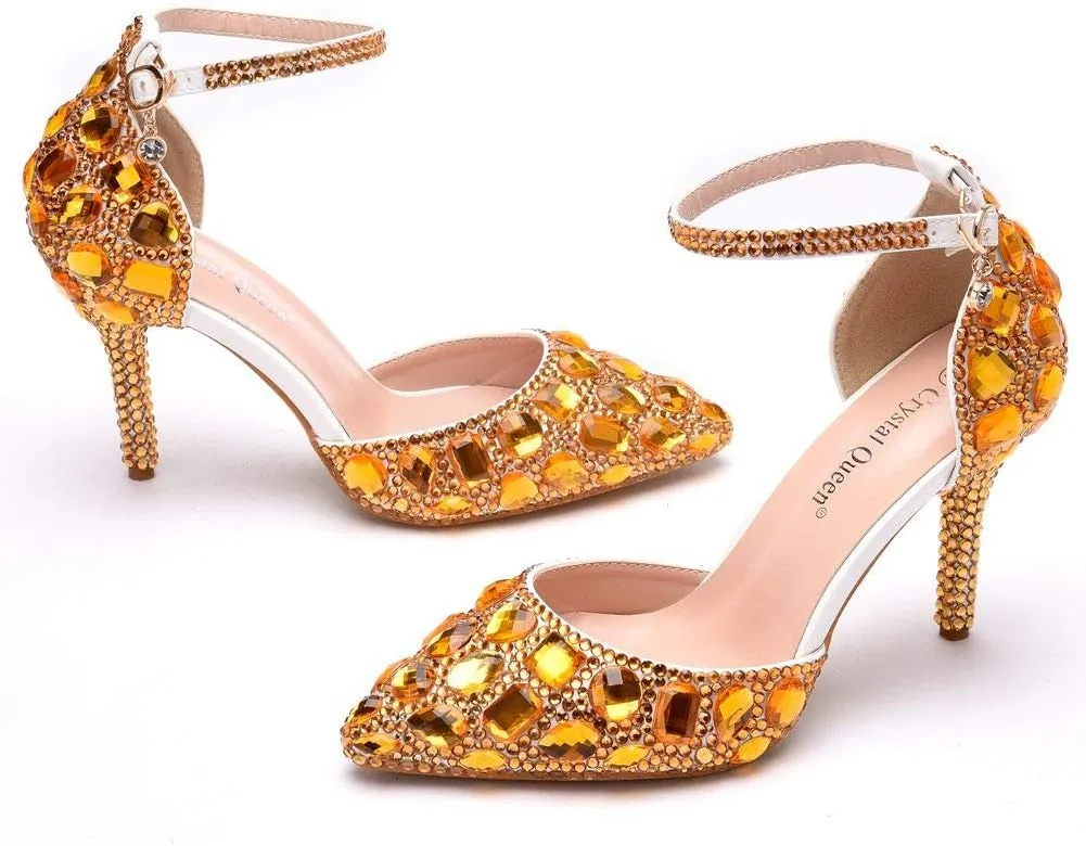 Royal Blue Rhinestone Sandals Thin High Heels Pointed Toe Sandals Blue Crystal Heels Shoes Fashion High Heel Shoes