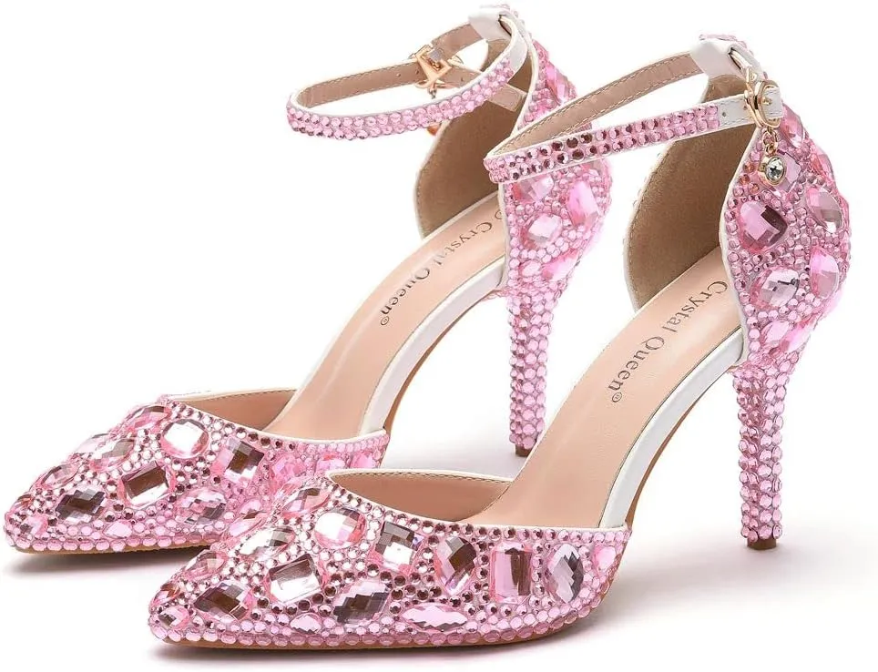 Royal Blue Rhinestone Sandals Thin High Heels Pointed Toe Sandals Blue Crystal Heels Shoes Fashion High Heel Shoes