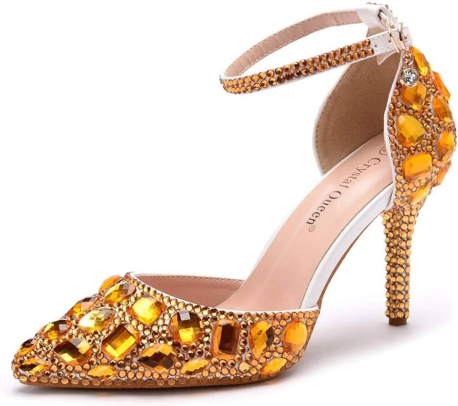 Royal Blue Rhinestone Sandals Thin High Heels Pointed Toe Sandals Blue Crystal Heels Shoes Fashion High Heel Shoes