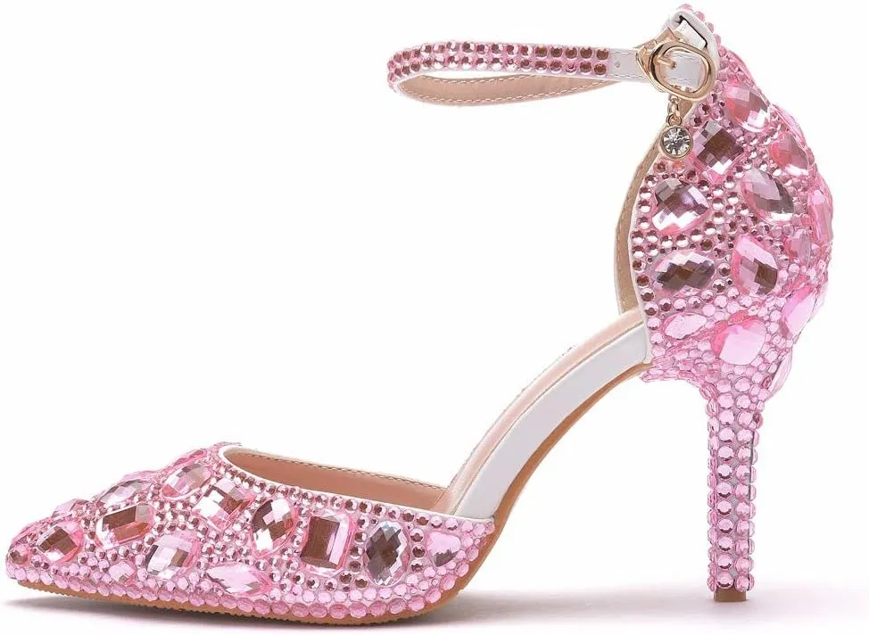 Royal Blue Rhinestone Sandals Thin High Heels Pointed Toe Sandals Blue Crystal Heels Shoes Fashion High Heel Shoes