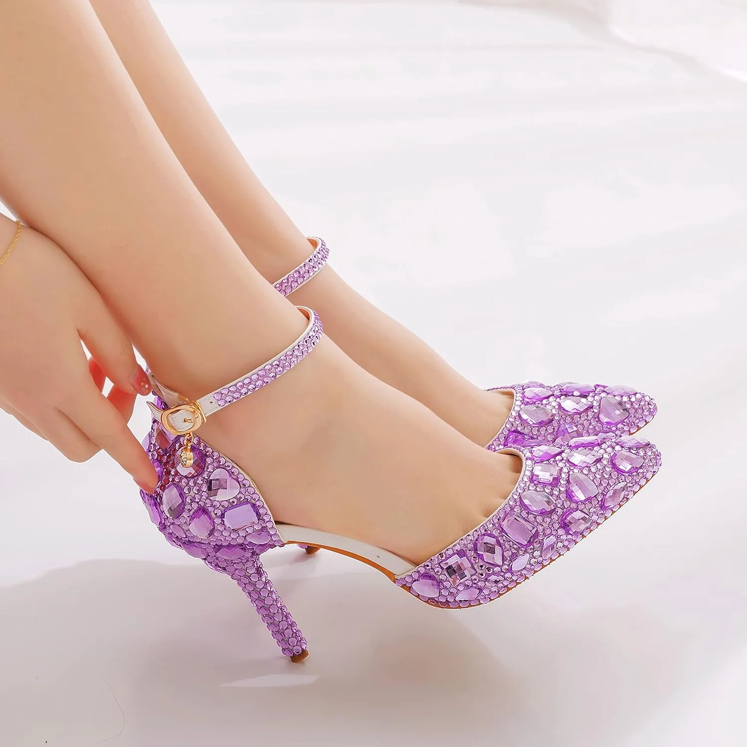 Royal Blue Rhinestone Sandals Thin High Heels Pointed Toe Sandals Blue Crystal Heels Shoes Fashion High Heel Shoes