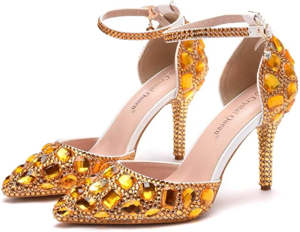 Royal Blue Rhinestone Sandals Thin High Heels Pointed Toe Sandals Blue Crystal Heels Shoes Fashion High Heel Shoes