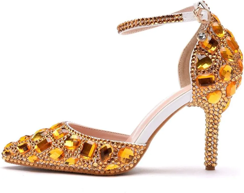 Royal Blue Rhinestone Sandals Thin High Heels Pointed Toe Sandals Blue Crystal Heels Shoes Fashion High Heel Shoes