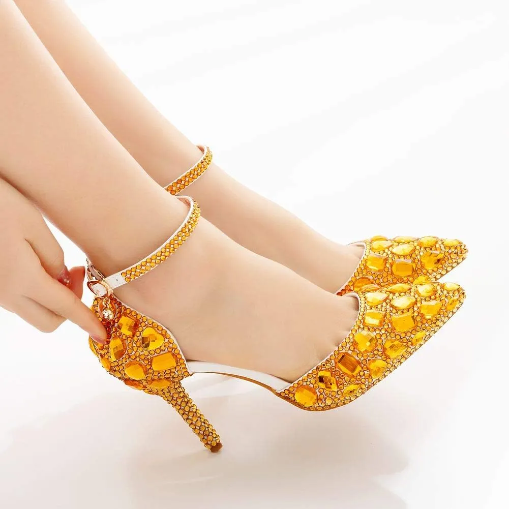 Royal Blue Rhinestone Sandals Thin High Heels Pointed Toe Sandals Blue Crystal Heels Shoes Fashion High Heel Shoes