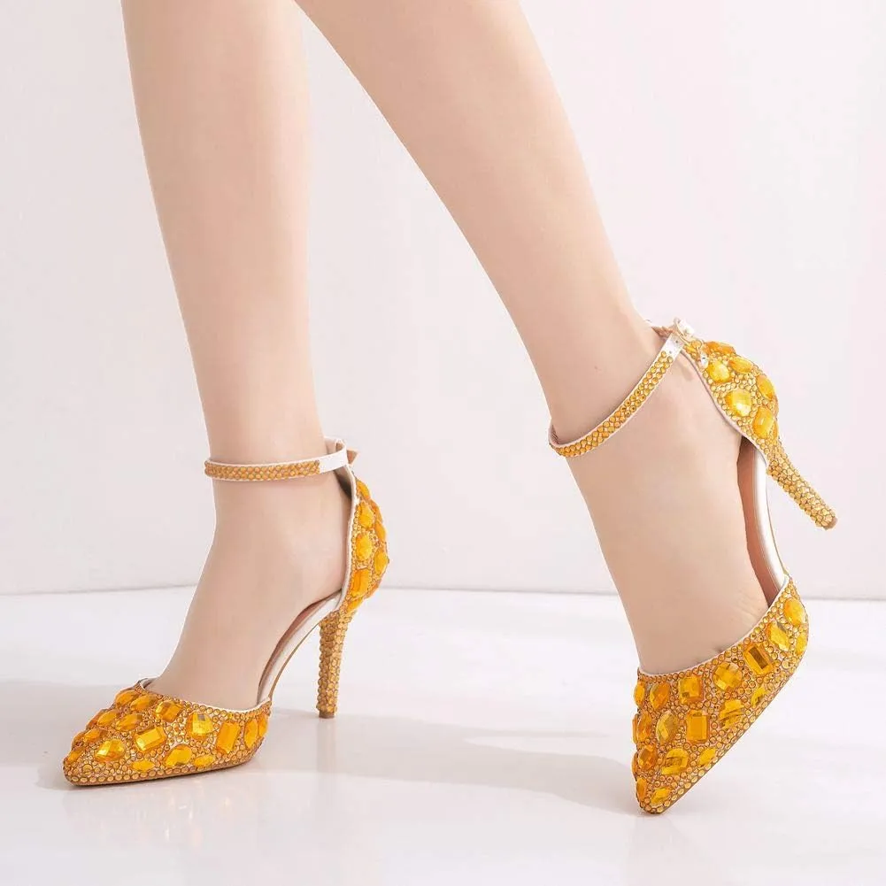 Royal Blue Rhinestone Sandals Thin High Heels Pointed Toe Sandals Blue Crystal Heels Shoes Fashion High Heel Shoes