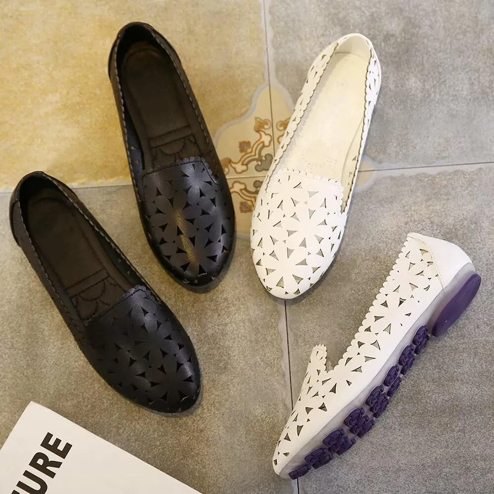 SAILING LU Women's Floral Ballet Flats for Women Black Beige Slip On Flowers Hollow Out Round Toe Dress Shoes