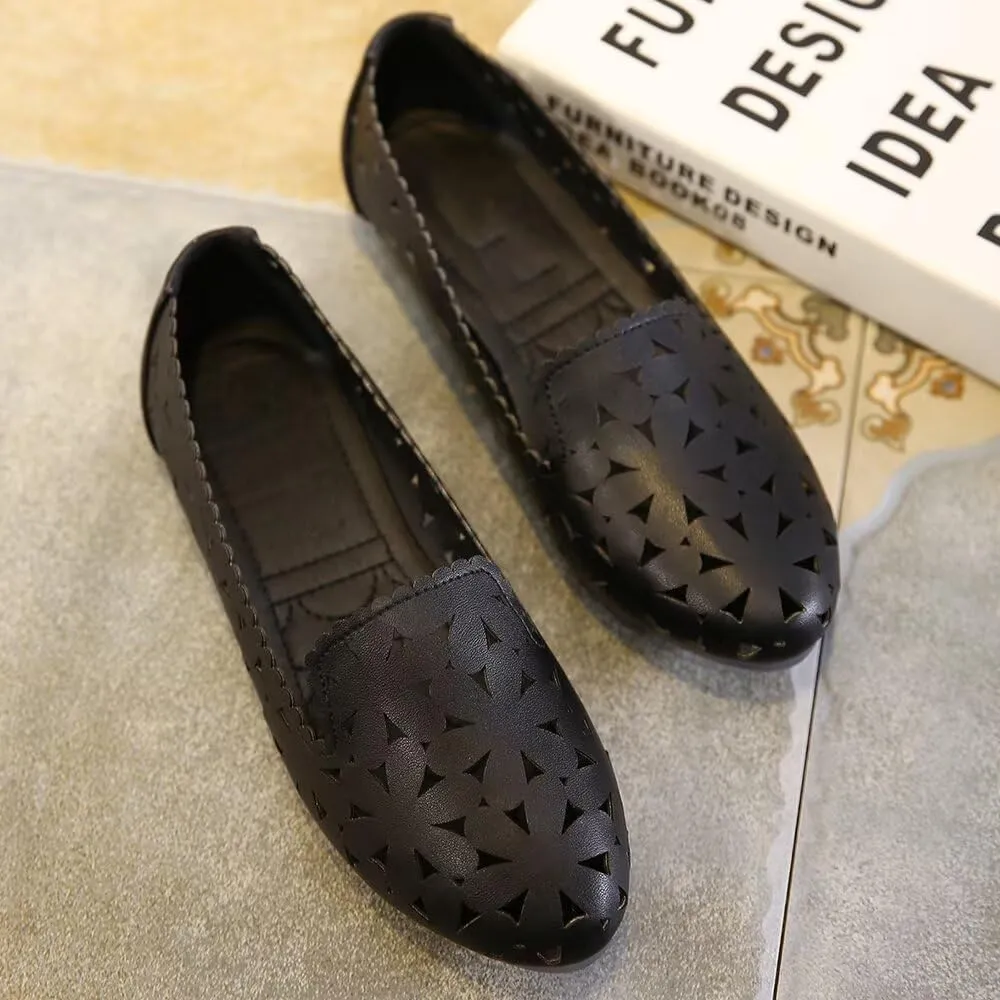SAILING LU Women's Floral Ballet Flats for Women Black Beige Slip On Flowers Hollow Out Round Toe Dress Shoes