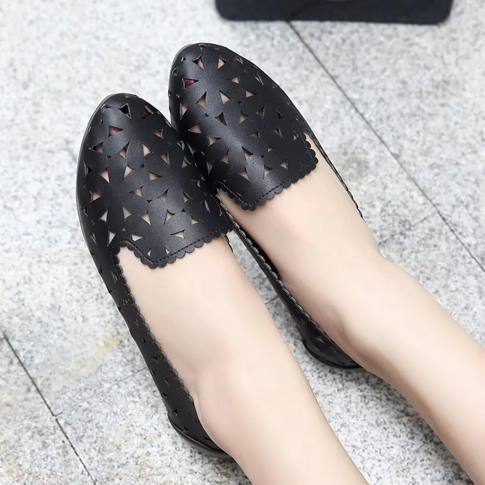 SAILING LU Women's Floral Ballet Flats for Women Black Beige Slip On Flowers Hollow Out Round Toe Dress Shoes