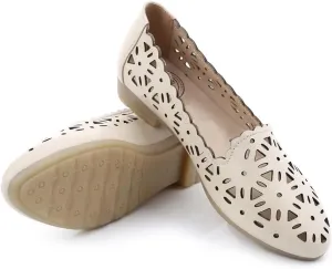 SAILING LU Women's Floral Ballet Flats for Women Black Beige Slip On Flowers Hollow Out Round Toe Dress Shoes