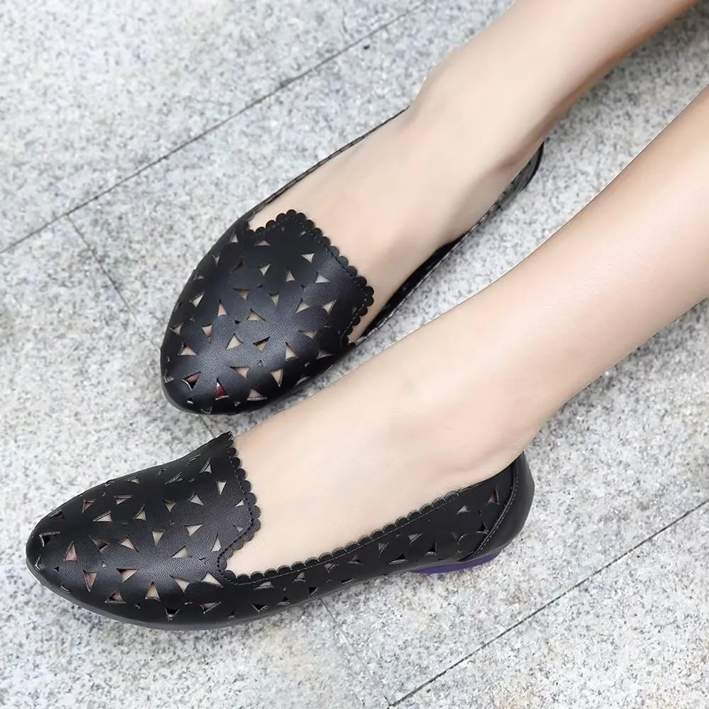 SAILING LU Women's Floral Ballet Flats for Women Black Beige Slip On Flowers Hollow Out Round Toe Dress Shoes