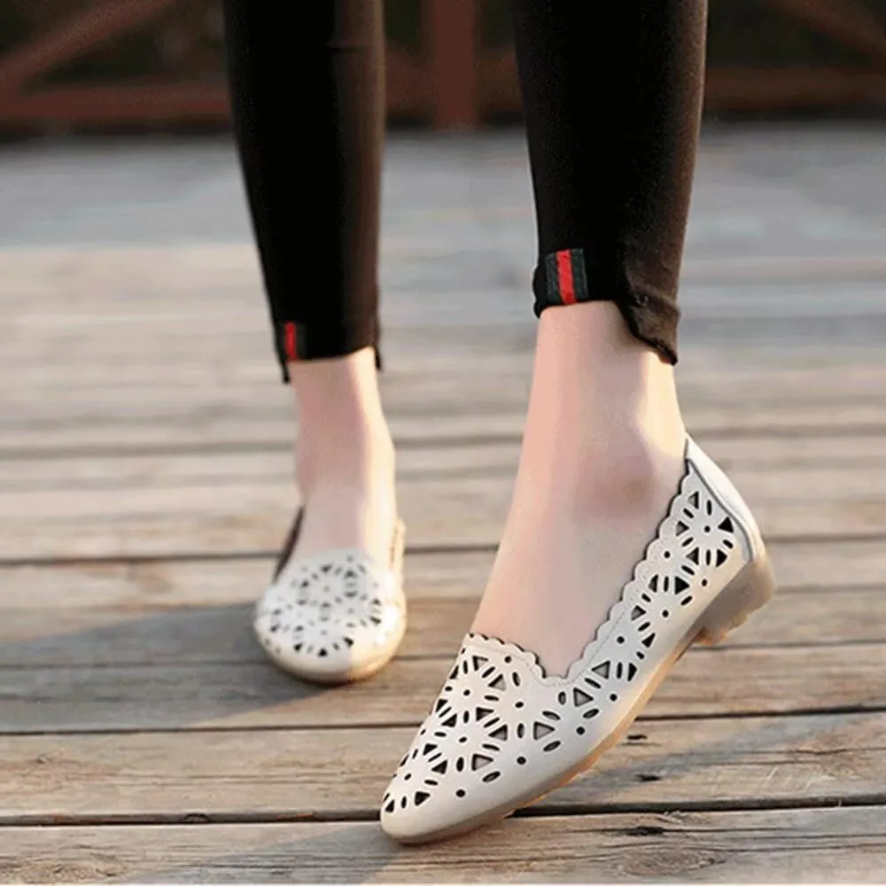 SAILING LU Women's Floral Ballet Flats for Women Black Beige Slip On Flowers Hollow Out Round Toe Dress Shoes