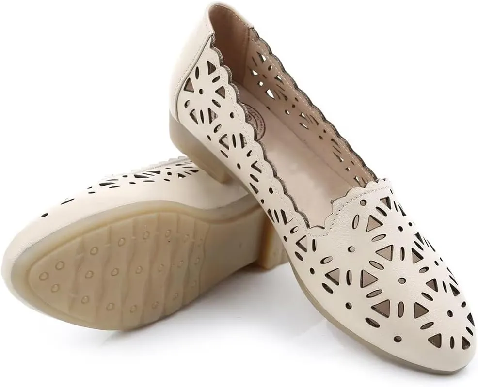 SAILING LU Women's Floral Ballet Flats for Women Black Beige Slip On Flowers Hollow Out Round Toe Dress Shoes