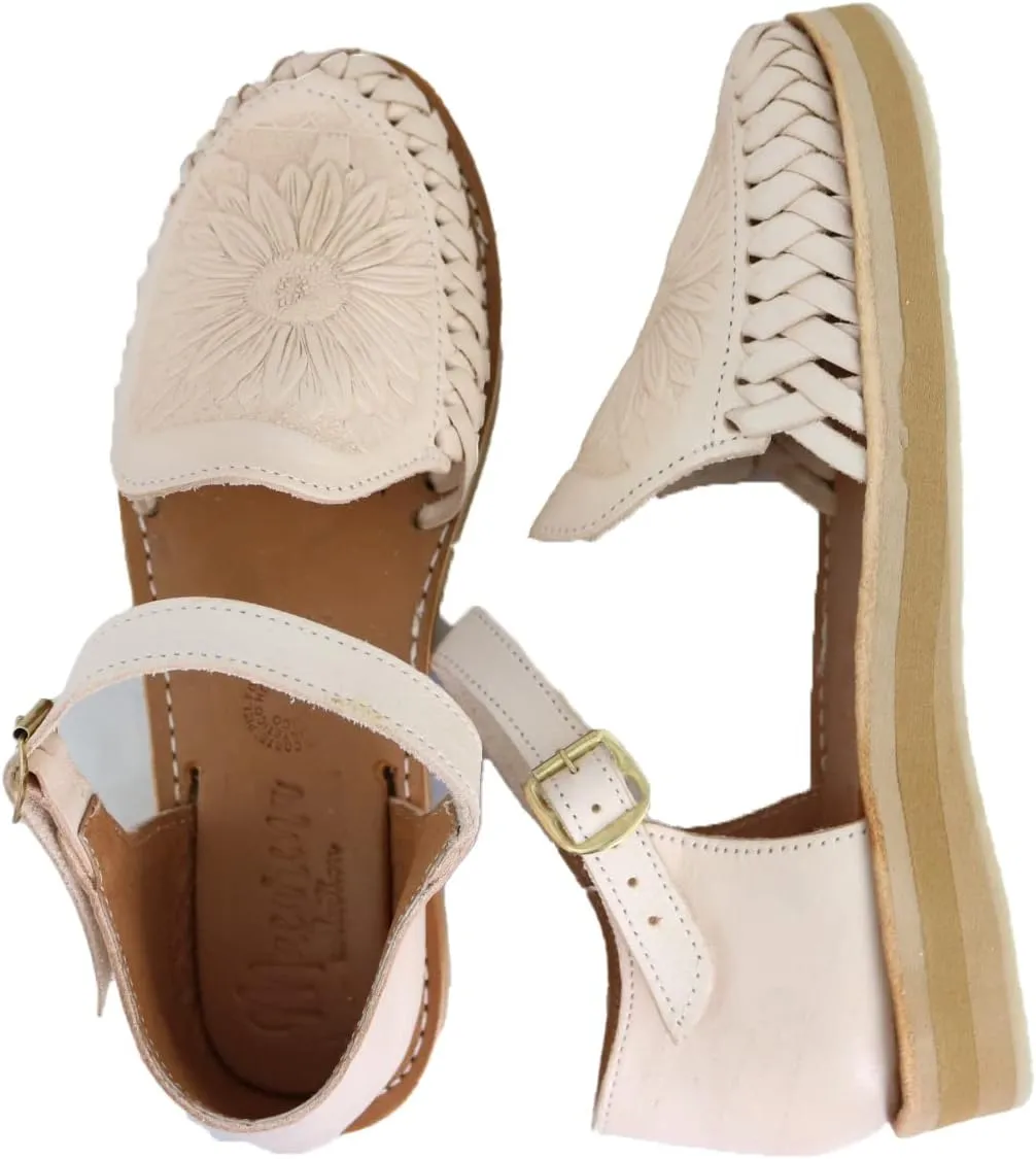 Sandals women Huarache Sandal Colorful Leather Mexican Style Color White Sunflower die cut