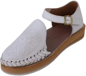 Sandals women Huarache Sandal Colorful Leather Mexican Style Color White Sunflower die cut