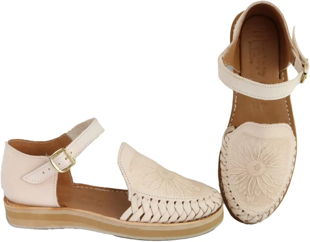 Sandals women Huarache Sandal Colorful Leather Mexican Style Color White Sunflower die cut