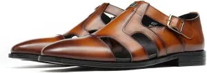 Santimon Men's Leather Dress Sandals with Agraffe Buckle| Business Casual Loafers Shoes | Breathable Comfortable Wide Adjustable Straps Summer Loafers