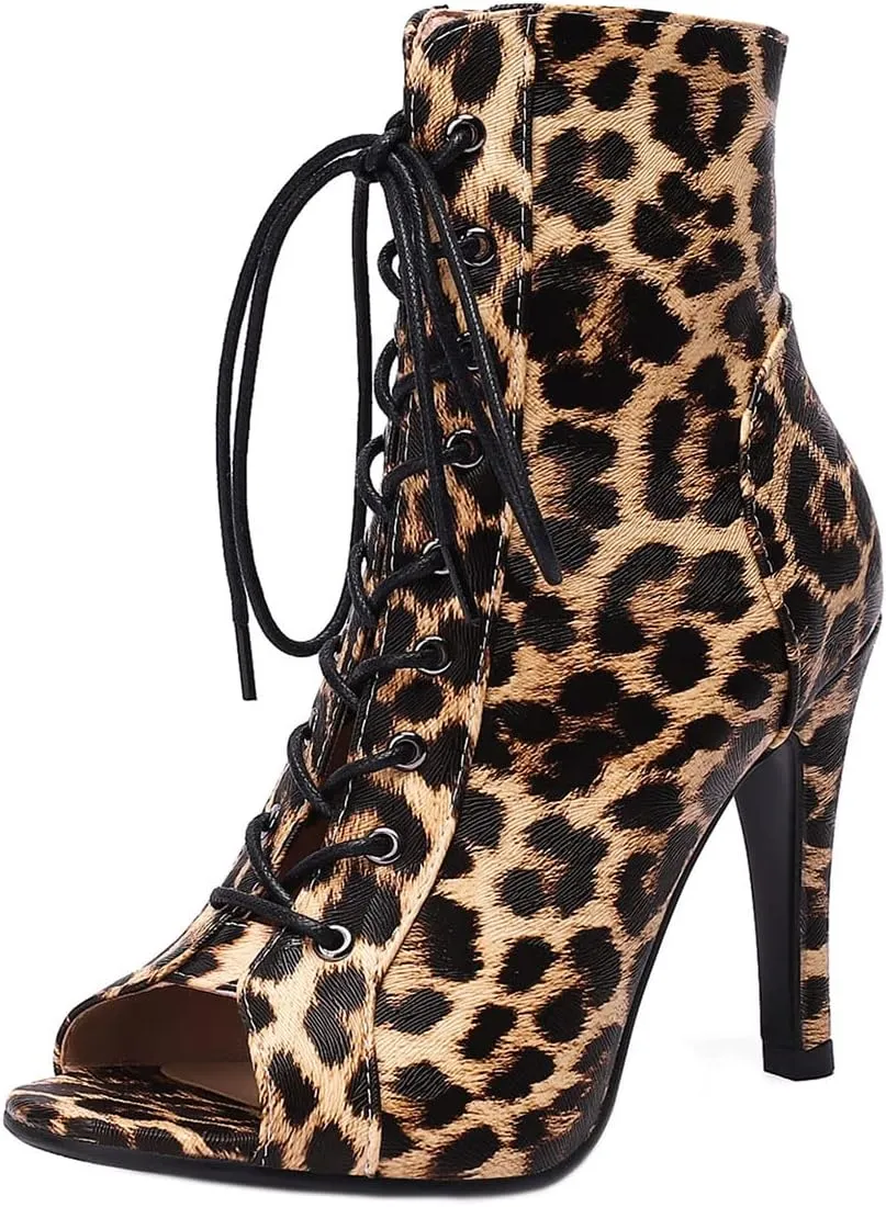 SHEMEE Women's Summer Peep Toe Stiletto High Heel Ankle Boots Lace Up Sandals Booties