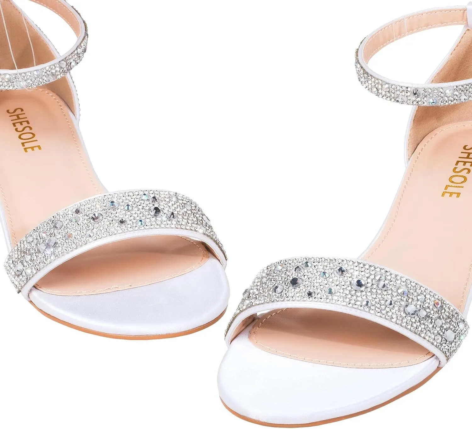 SheSole Women's Rhinestone Low Block Heel Sandals Sparkly Ankle Strap Sandal Bridal Wedding Dress Shoes Silver Gold White
