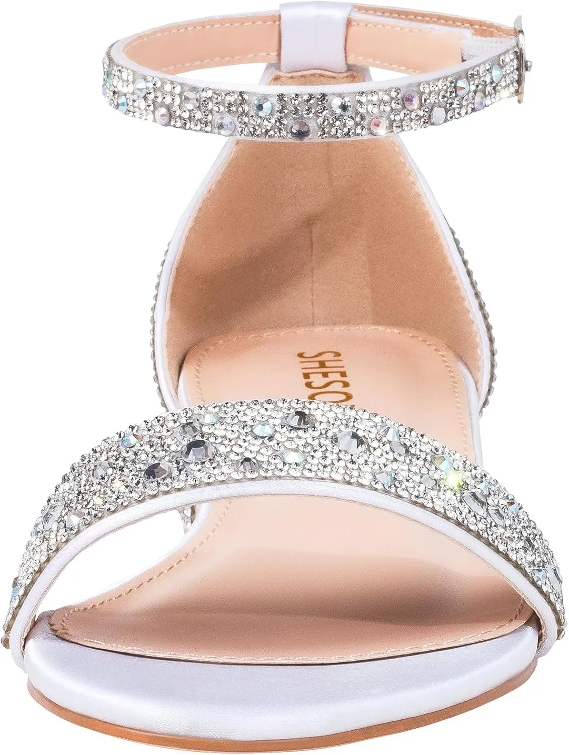 SheSole Women's Rhinestone Low Block Heel Sandals Sparkly Ankle Strap Sandal Bridal Wedding Dress Shoes Silver Gold White