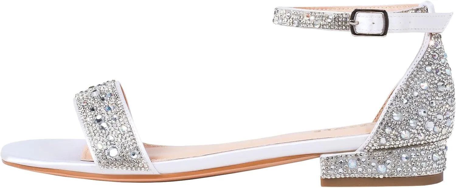 SheSole Women's Rhinestone Low Block Heel Sandals Sparkly Ankle Strap Sandal Bridal Wedding Dress Shoes Silver Gold White