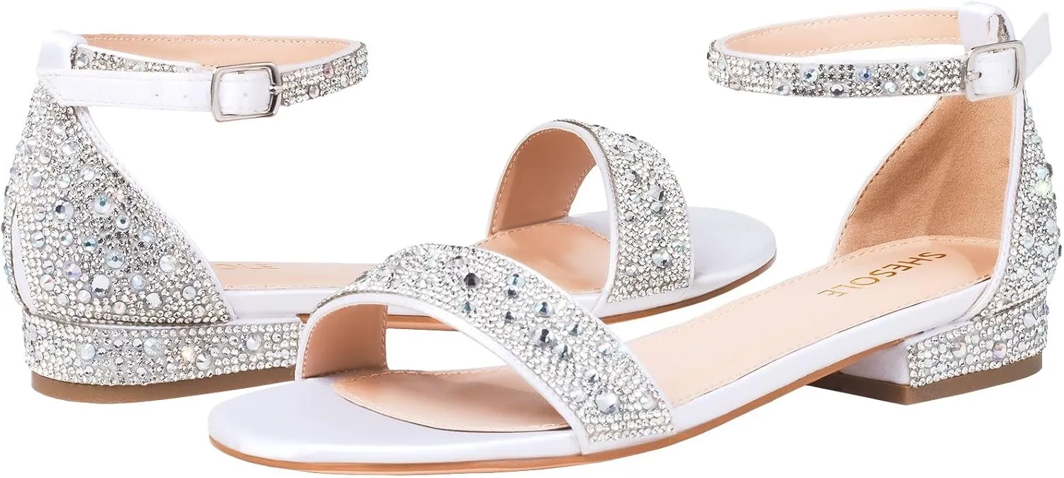 SheSole Women's Rhinestone Low Block Heel Sandals Sparkly Ankle Strap Sandal Bridal Wedding Dress Shoes Silver Gold White