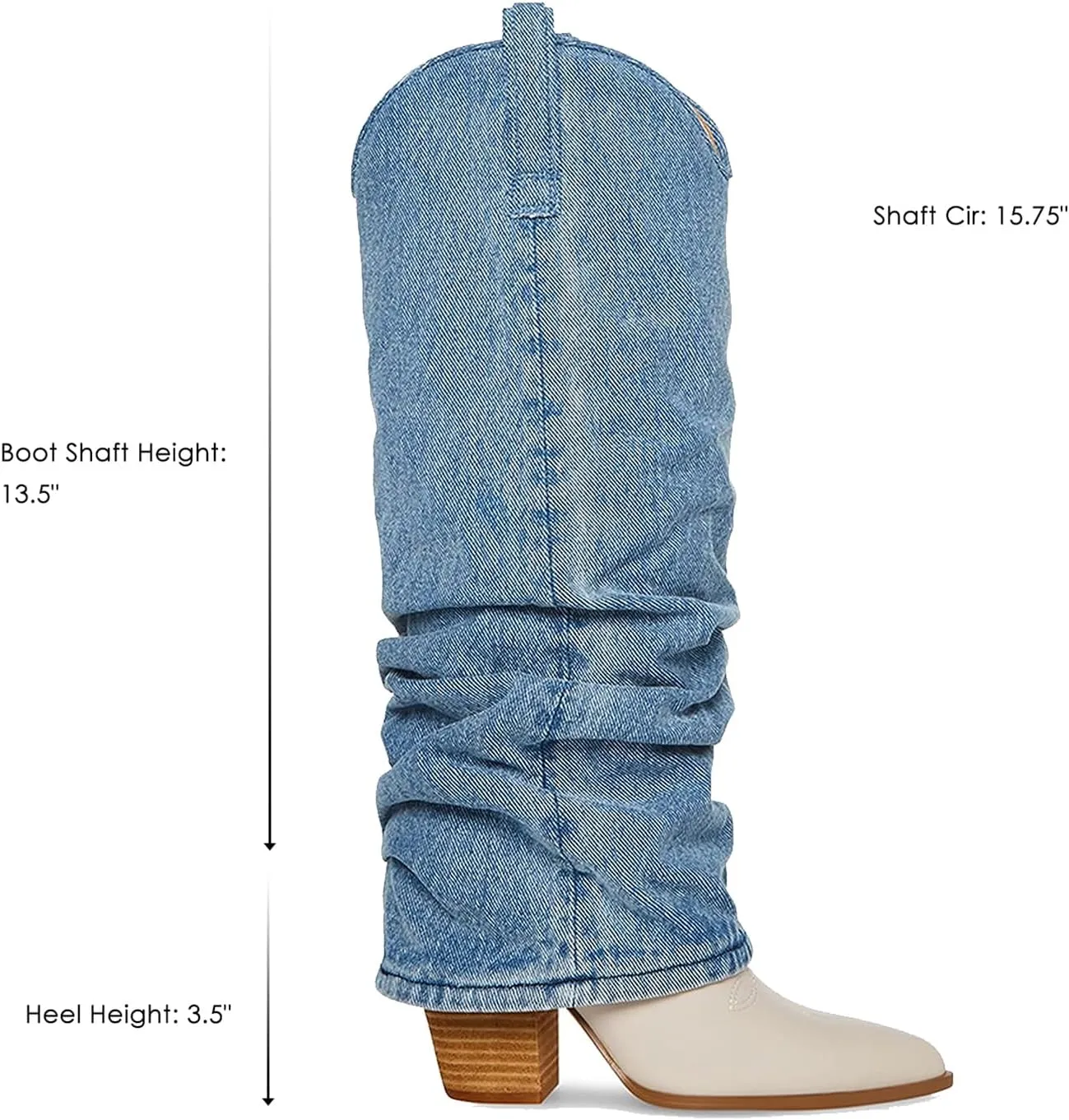 SHODENSE Women Fold Over Western Boots Chunky Heel Pointed Toe Cowboy Knee High Boots Wide Calf 3 inch Stacked Heel Cowgirl Long Boots Slouch Matte Shark Boots Pull On Fashion Casual 4-11 M US