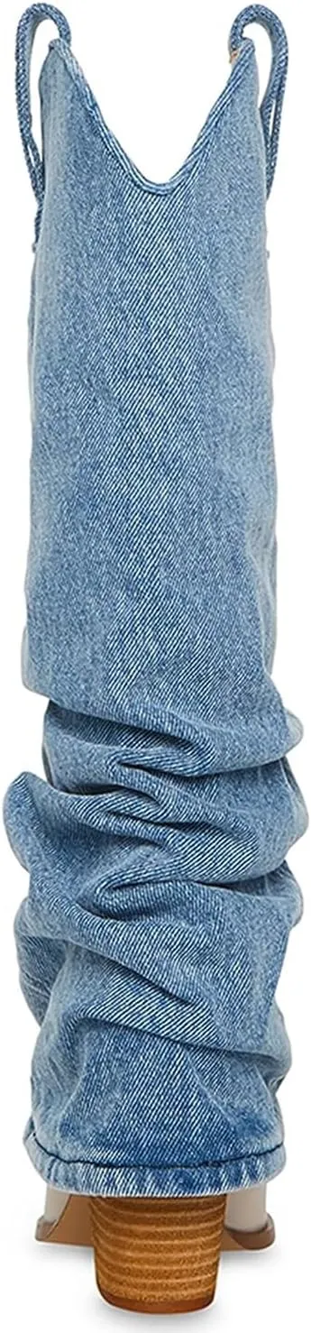SHODENSE Women Fold Over Western Boots Chunky Heel Pointed Toe Cowboy Knee High Boots Wide Calf 3 inch Stacked Heel Cowgirl Long Boots Slouch Matte Shark Boots Pull On Fashion Casual 4-11 M US