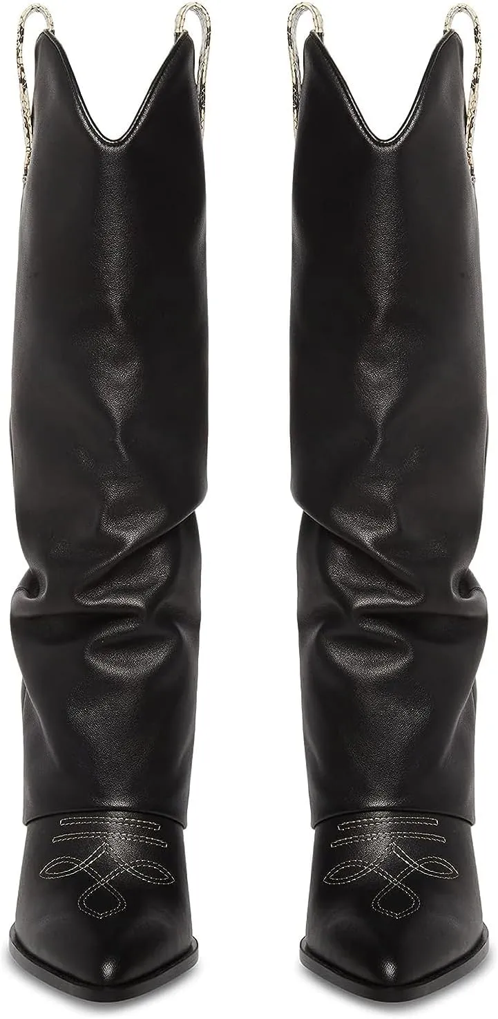SHODENSE Women Fold Over Western Boots Chunky Heel Pointed Toe Cowboy Knee High Boots Wide Calf 3 inch Stacked Heel Cowgirl Long Boots Slouch Matte Shark Boots Pull On Fashion Casual 4-11 M US