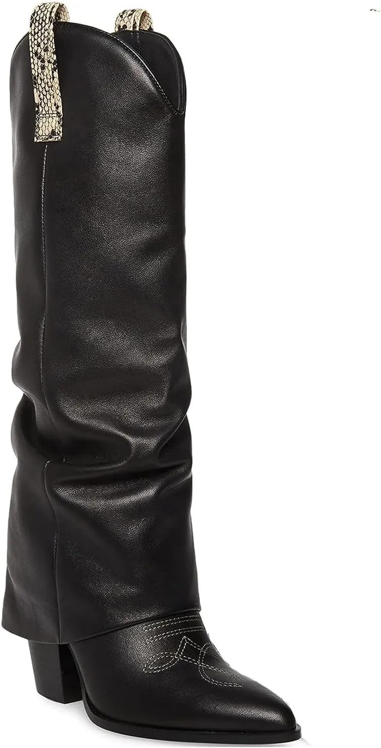 SHODENSE Women Fold Over Western Boots Chunky Heel Pointed Toe Cowboy Knee High Boots Wide Calf 3 inch Stacked Heel Cowgirl Long Boots Slouch Matte Shark Boots Pull On Fashion Casual 4-11 M US