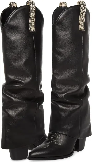 SHODENSE Women Fold Over Western Boots Chunky Heel Pointed Toe Cowboy Knee High Boots Wide Calf 3 inch Stacked Heel Cowgirl Long Boots Slouch Matte Shark Boots Pull On Fashion Casual 4-11 M US