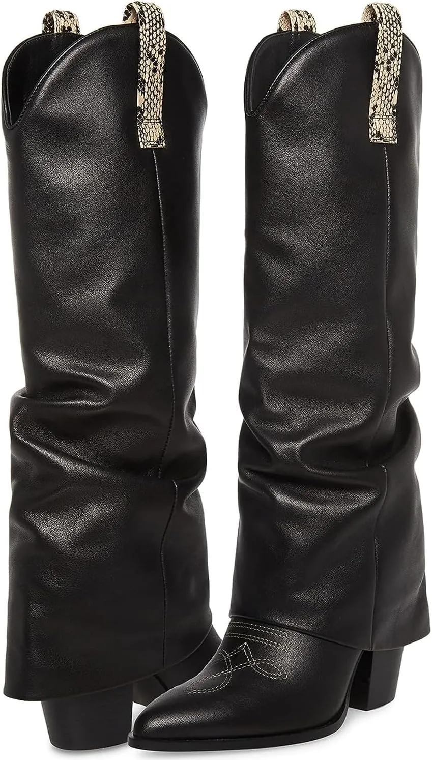 SHODENSE Women Fold Over Western Boots Chunky Heel Pointed Toe Cowboy Knee High Boots Wide Calf 3 inch Stacked Heel Cowgirl Long Boots Slouch Matte Shark Boots Pull On Fashion Casual 4-11 M US