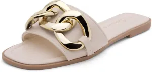 Shoe Land Women's Flat Sandals - Square Open Toe Single Band Fashion Slides with Metal Chain Dressy 2025 Trendy | Comfortable Slippers with Cushioned Footbed for Summer