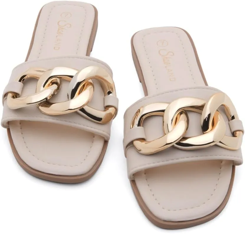 Shoe Land Women's Flat Sandals - Square Open Toe Single Band Fashion Slides with Metal Chain Dressy 2025 Trendy | Comfortable Slippers with Cushioned Footbed for Summer